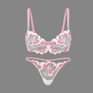 Victoria's Secret Dream Angels Wicked Peony Embroidery Pink Unlined Bra 36D Set